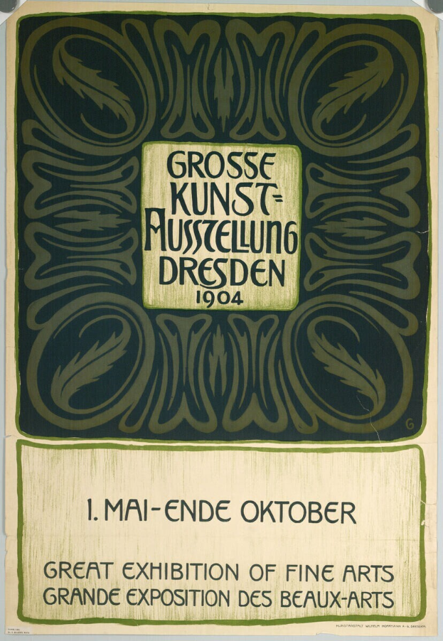 Ein Vintage-Plakat für die Große Ausstellung der Schönen Künste auf der Grand Exposition des Beaux-Arts in Dresden, Deutschland, 1904, mit fettem Text, der das Ereignis ankündigt.