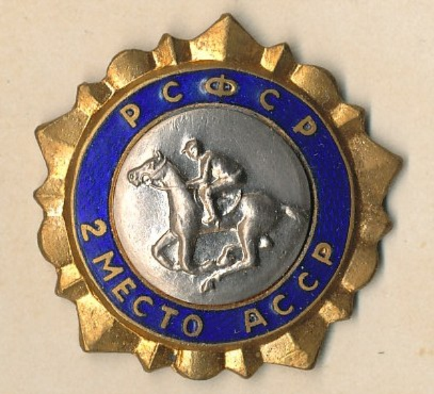 Ein goldblaues rundes Abzeichen mit einem Pferd und Reiter in der Mitte, umgeben von Text.