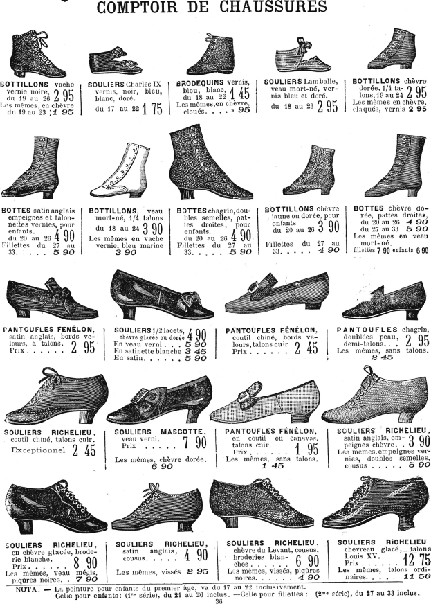 Eine Buchseite mit verschiedenen Frauenschuhen in einzigartigen Designs, Preisschildern und detaillierten Beschreibungen der Größe, Form und Farbe, die ordentlich angeordnet sind.