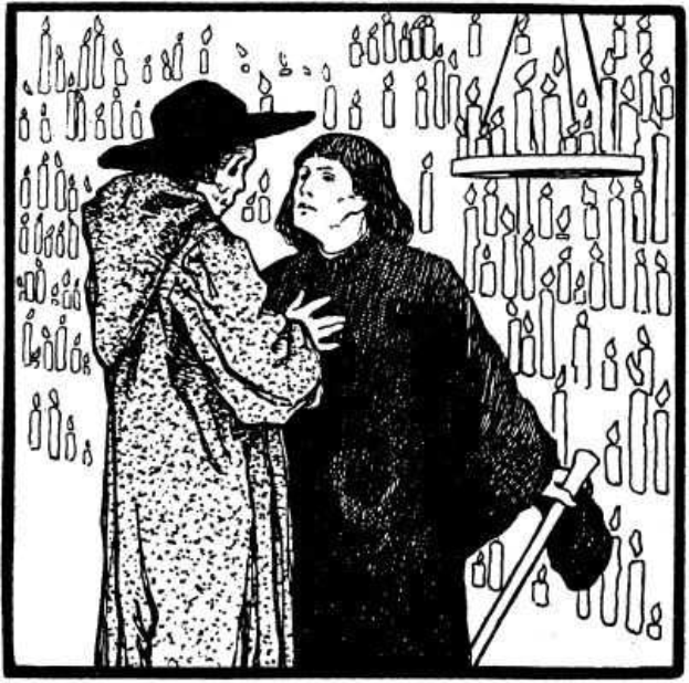 Schwarze und Weiße Illustration eines Mannes, der einen Stock hält und neben einer Frau steht, vor einer Wand aus Kerzen, mit Text unten, der 'Das Buch Mormon' liest.