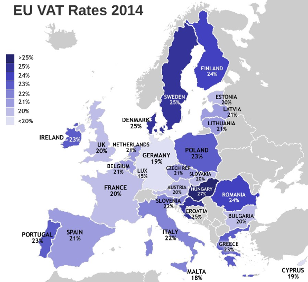 Eine Karte von Europa, die die EU-Mehrwertsteuersätze von 2014 in Prozent mit entsprechendem Text anzeigt.