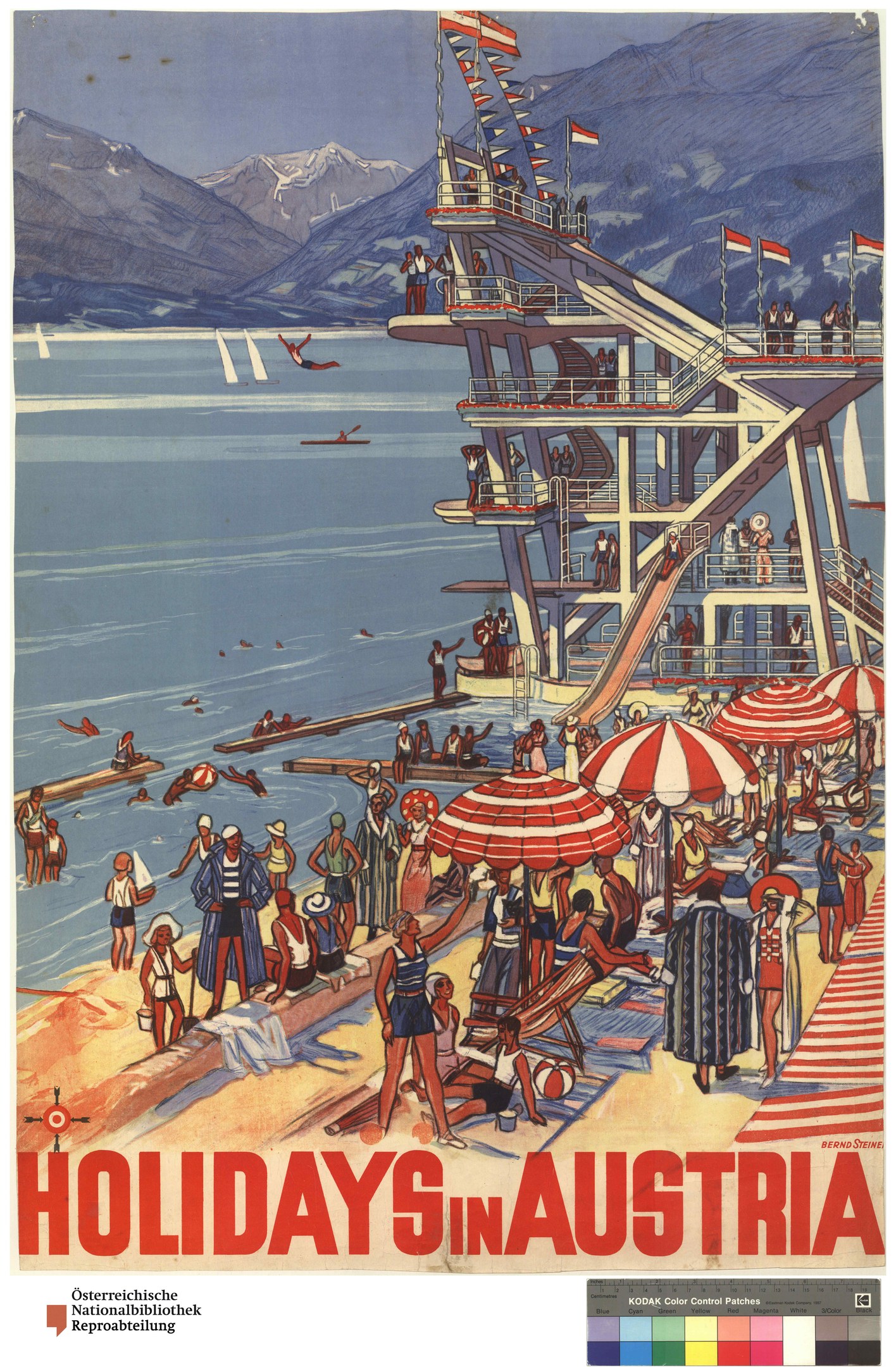 Plakat, das Urlaub in Österreich bewirbt, zeigt Menschen am Strand mit Schirmen, ein Schiff im Hintergrund, Fahnen und ferne Berge.