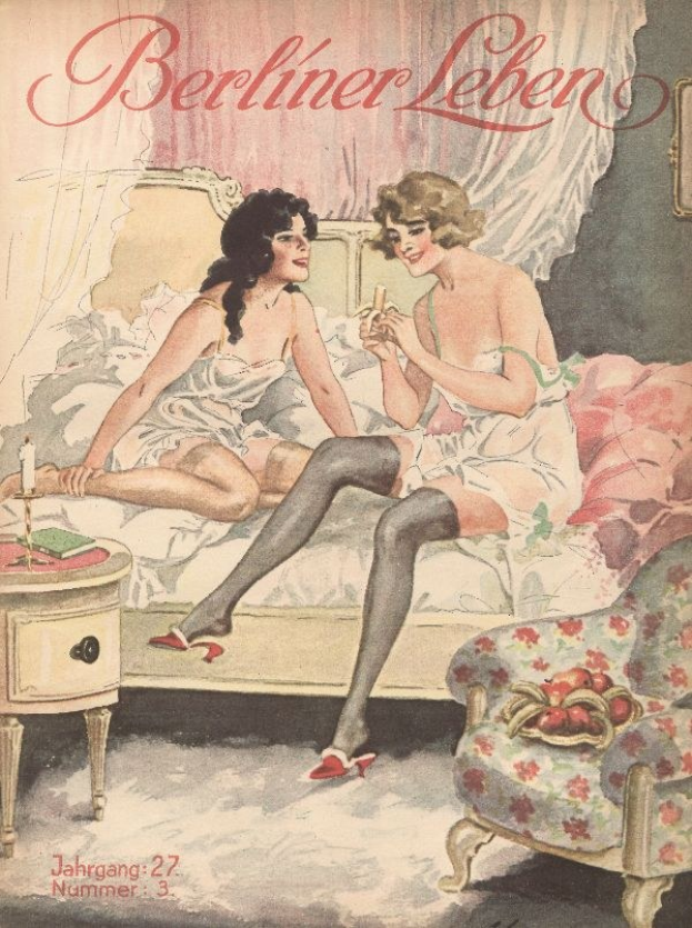 Plakat mit zwei Frauen auf einem Bett sitzend mit einem Tisch und Gegenständen links, einem Vorhang und einem gerahmten Gegenstand im Hintergrund und Text, der "Berliner Leben Nr. 27, 1930" oben und unten lautet.