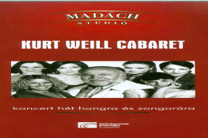 Ein Plakat für das Kurt-Weill-Cabaret-Konzert, das ein zentrales menschliches Gesicht zeigt, umgeben von einer Gruppe von Menschen, mit Text, der wahrscheinlich den Konzerttitel angibt.