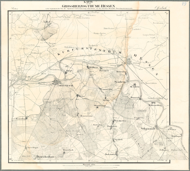 Alte Karte von Hessen, Deutschland mit schwarzen Grenzen und Text, gerahmt in einem klassischen Foto Rahmen.