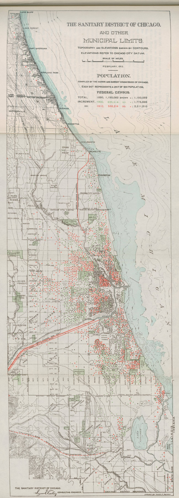 Ein altes Stadtplan von Chicago, mit Texten, die die städtischen Grenzen der Stadt beschreiben.