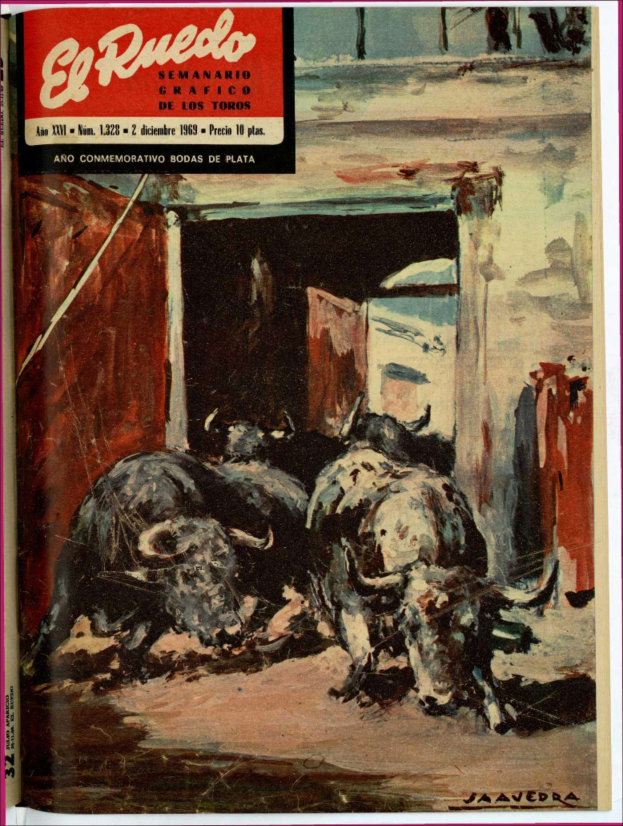 Buchumschlag mit einem Gemälde eines Stiers in einem Stall, mit ein paar Tieren im Vordergrund, einer Wand und einer Tür im Hintergrund und Text öber dem Bild.