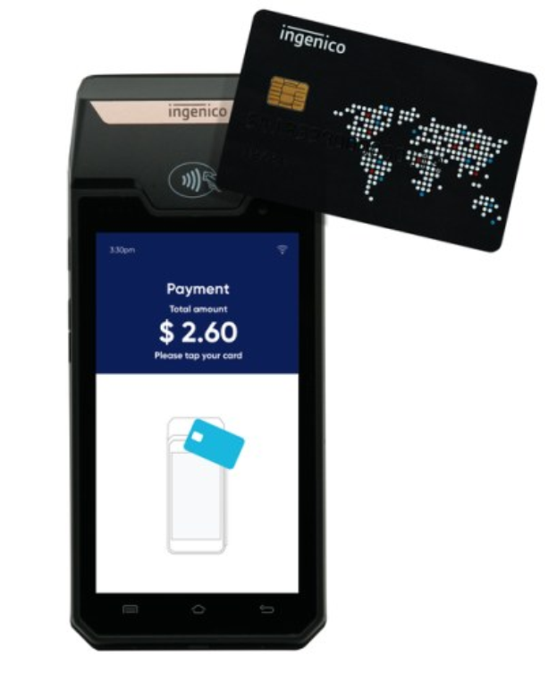 Mobiltelefon mit einem Kreditkartensymbol daneben, das das Ingenico-Mobile-Payment-System anzeigt.