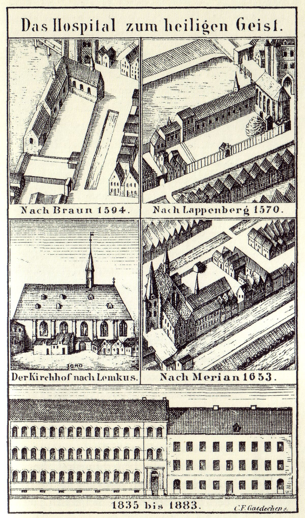 Eine detaillierte Plakatillustration eines deutschen Krankenhauses mit mehreren Gebäuden, die Fenster, Türen und Balkone aufweisen, begleitet von Text, der seine Größe, seinen Standort und seine Merkmale beschreibt.