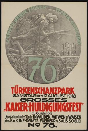 Plakat zum 70. Jubiläum des Kaiser-Huldigungsfestes in Berlin, Deutschland, mit einer Gruppe von Menschen in der Mitte, umgeben von Text und Zahlen in einem Foto Rahmen.