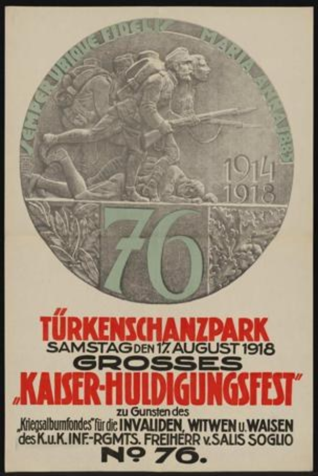 Plakat zum 70. Jubiläum des Kaiser-Huldigungsfestes in Berlin, Deutschland, mit einer Gruppe von Menschen in der Mitte, umgeben von Text und Zahlen in einem Foto Rahmen.
