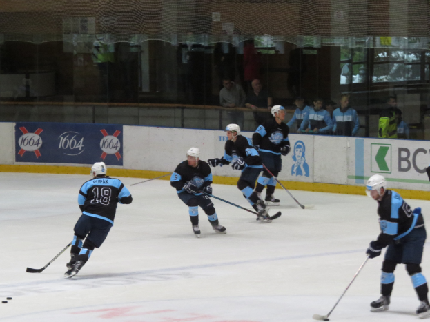 Gruppe von Menschen beim Eishockey auf einer Indoor-Eisfläche, die Helme, Sportbekleidung und Eishockeystöcke tragen, mit Zuschauern durch Glaswände sichtbar.