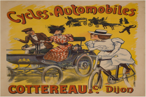 Plakat, das Fahrräder und Automobile in Cottereau und Dijon, Frankreich, zeigt, mit Menschen auf Fahrrädern und einer Kutsche mit der Aufschrift "Fahrräder und Automobile" oben.