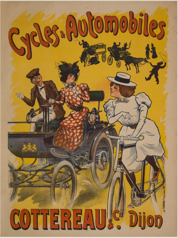 Plakat, das Fahrräder und Automobile in Cottereau und Dijon, Frankreich, zeigt, mit Menschen auf Fahrrädern und einer Kutsche mit der Aufschrift "Fahrräder und Automobile" oben.