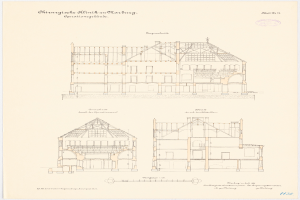 Eine Zeichnung des Chirurgischen Minik zu Marburg, ein Operationsgebäude mit zahlreichen Fenstern und einem Dach, begleitet von beschreibendem Text.