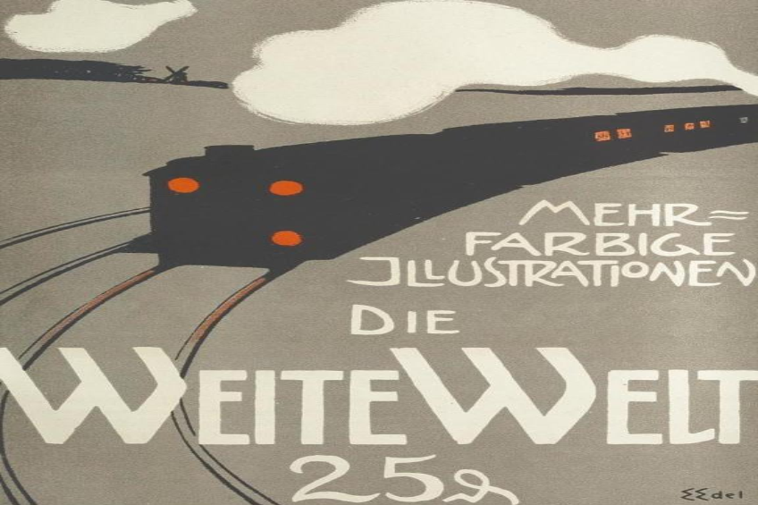 Ein Plakat, das eine Bahn auf den Schienen mit dem Text "Mehr Farbige Illustrationen Die Weitewelt" vor einem hellblauen Himmel mit weißen Wolken zeigt.