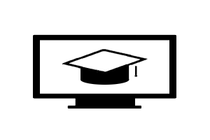 Ein Computerbildschirm mit einer schwarzen und weißen Mütze, die das Online-Lernen symbolisiert.