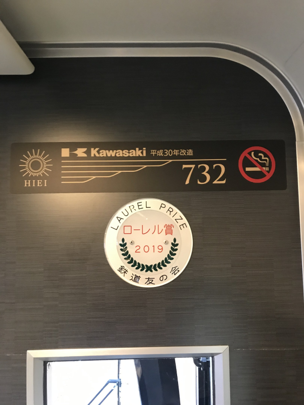 Wand mit einem Schild, auf dem "Kawasaki 732" steht und einem Glasfenster auf der rechten Seite.