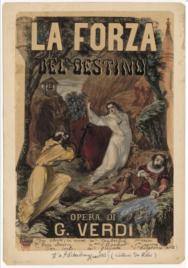 Plakat für die Oper "La Forza del Destino" von G. Verdi mit einem Bild von mehreren Personen und Text.