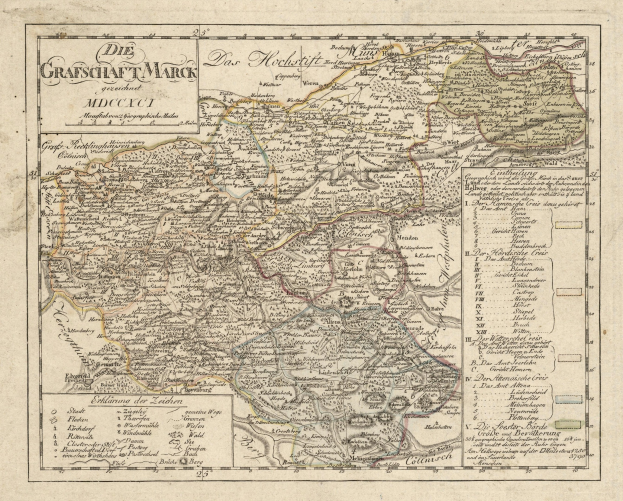Ein detailliertes altes Stadtplan von München, Deutschland, mit Straßen, Parks und Sehenswürdigkeiten in Blau-, Grün- und Gelbtönen, umgeben von einem dekorativen Rahmen.