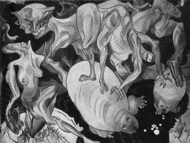 Schwarze und weiße Zeichnung aus dem Jahr 1938 von KÜNSTLER, die eine Gruppe von Tieren zeigt, darunter einen Löwen, eine Giraffe, ein Zebra und ein Flusspferd in einem dunklen, mysteriösen Raum mit zusätzlichem Text.