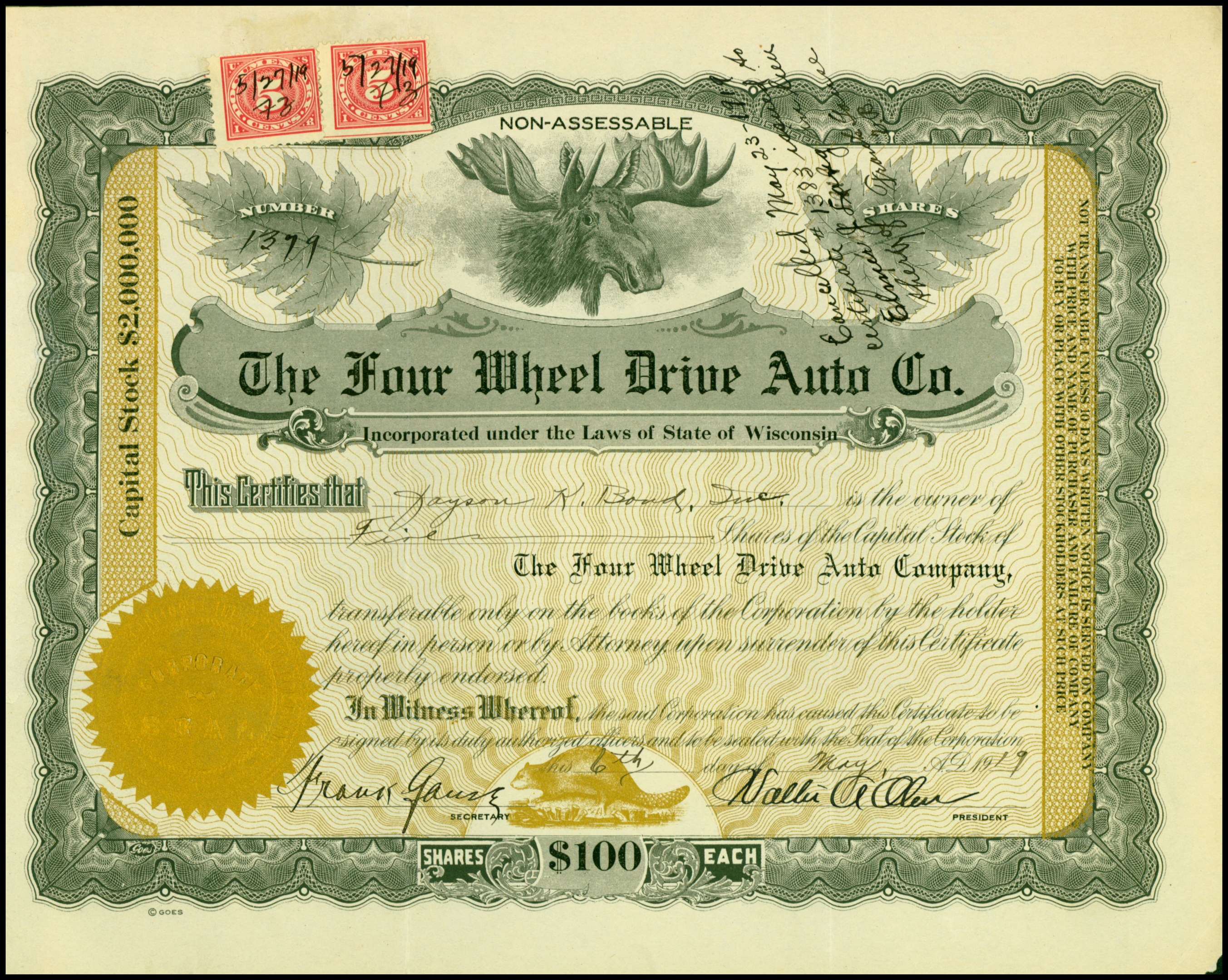 Rahmung Aktienzertifikat für Four Wheel Drive Auto Co. mit goldenem Siegel, Text, Zahlen und mehrfarbigen Stempeln.