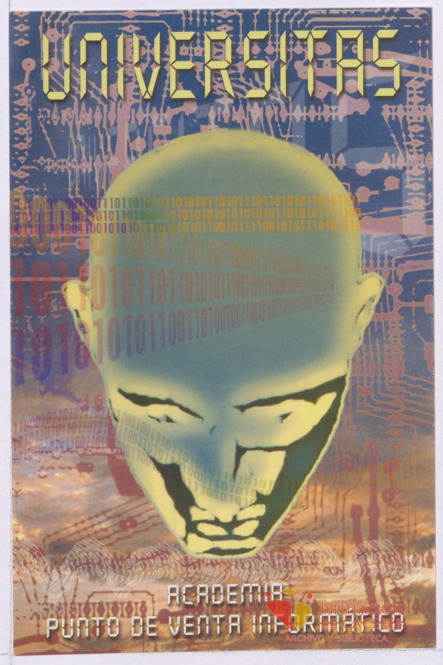 Plakat mit einem kahlköpfigen Mann mit breitem, geschlossenem Augen-Lächeln, umgeben von Text und Zahlen, mit "Universitas" in fetter schwarzer Schrift.