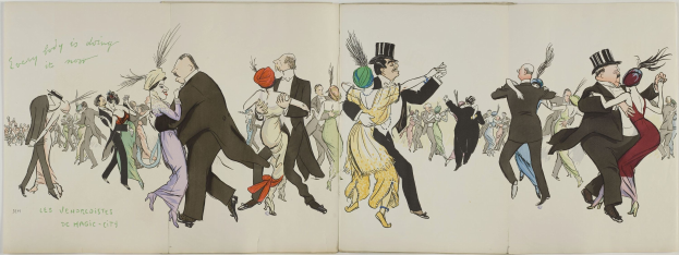 Offenes Buch mit einer bunten Illustration von Menschen, die unter einem klaren blauen Himmel tanzen, betitelt mit "Les Vendredières de Magic City."