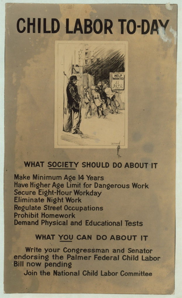 Plakat mit der Aufschrift "Kinderaert zur Zeit: Was die Gesellschaft dagegen tun sollte" mit einer Person im Anzug mit entschlossener Miene vor schwarzem Text auf weißem Hintergrund.