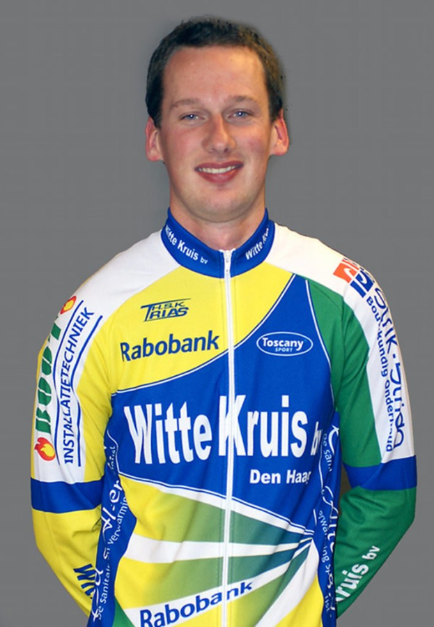 Ein männlicher Athlet posiert für ein Foto, auf dem sein Trikot mehrere Sponsorenlogos trägt.