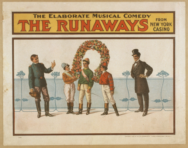Plakat für "Elaborate Musical Comedy Runaways" aus dem New Yorker Casino, das eine Gruppe von Menschen in einer Reihe zeigt, wobei einer einen Strauß hält, und Text, der das Komödienstück beschreibt.
