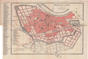 Ein detaillierter alter Stadtplan von Offenbach, Deutschland, auf einem weißen Hintergrund, der Straßen, Gebäude, Sehenswürdigkeiten und Text mit Informationen über die Stadt zeigt.