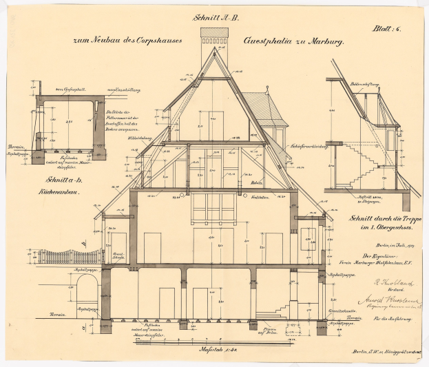 Ein detailliertes architektonisches Zeichnung eines Hauses mit zahlreichen Fenstern und einem Dach, identifiziert als das erste Haus in Deutschland, begleitet von Text und Strukturplänen auf Papier.
