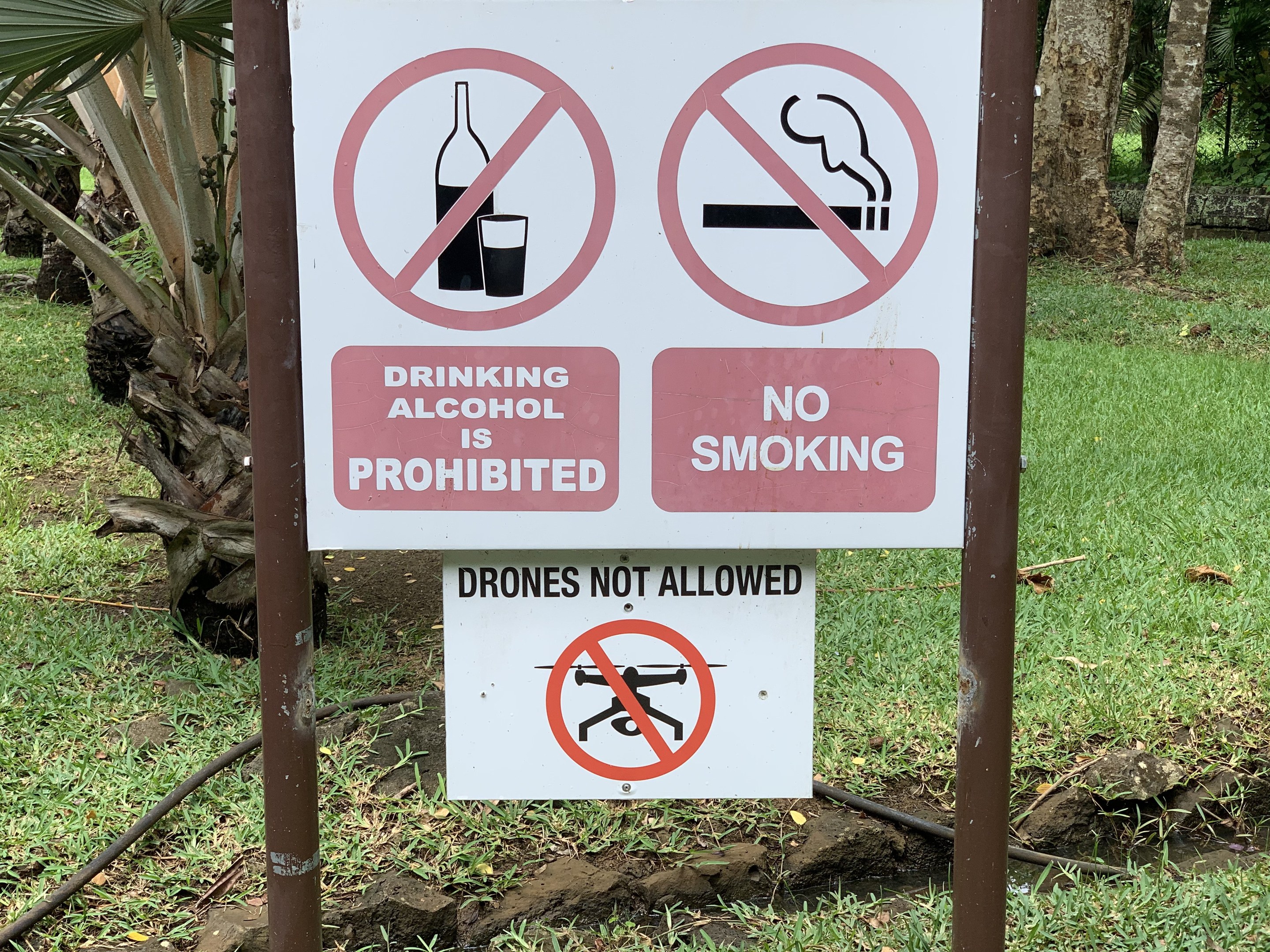 Verbotsschild für Alkoholtrinken und Rauchen mit Bäumen und Gras im Hintergrund.