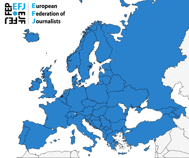 Eine Europakarte, auf der die Europäische Journalisten-Föderation (EFJ) in Blau hervorgehoben ist, mit zusätzlichen Textdetails über die Organisation.