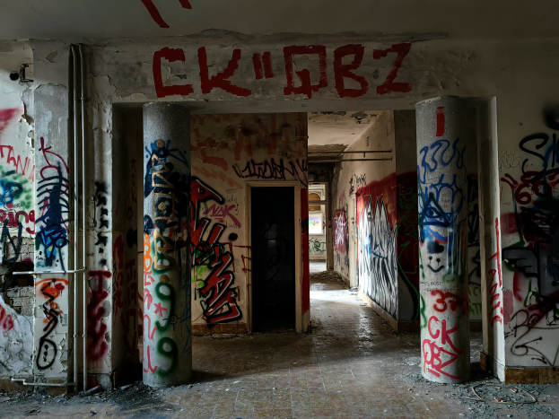 Verlassenes Gebäude mit graffiti-bedeckten Wänden, Säulen, freiliegenden Rohren und einem sichtbaren Boden, das Zeichen von urbaner Verwahrlosung zeigt.