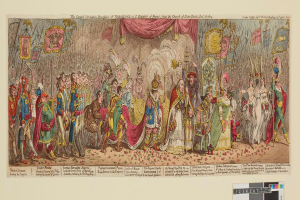 Eine Gruppe von Menschen in farbenfrohen Kostümen steht vor einer Bühne mit einem Vorhang, die den Großen Karneval von Napoleon, dem Kaiser von Frankreich, aus der Kirche Saint-Denis, Dezember 1785, feiert, wobei einige Fahnen und Décorations halten.