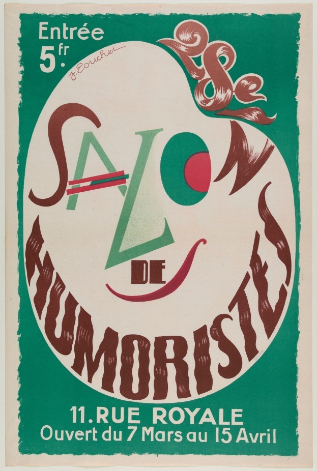 Ein Plakat, das einen Humorsalon in Paris, Frankreich, ankündigt, mit Texten, die die Angebote des Salons beschreiben.