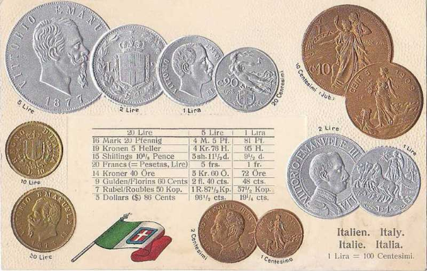 Ein Blatt Papier mit einer Reihe italienischer Münzen von 1877–1910, darunter mehrere 20-Lire-Stücke, mit Porträts und Text auf jeder Münze und zwei Flaggen (einer italienischen) unten.