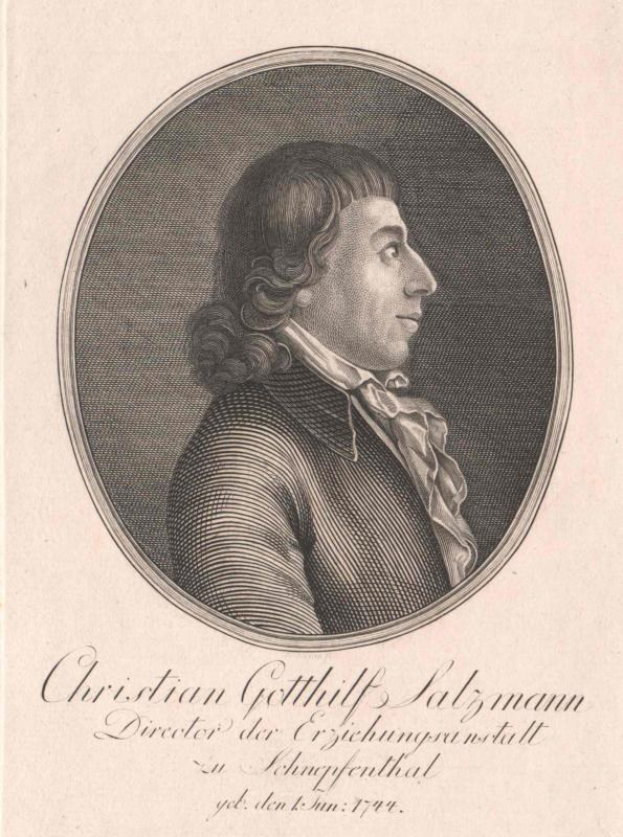 Porträt von Christian Gottlieb Salzmann, einem deutschen Komponisten, in einem schwarz-weißen gestreiften Hemd mit Text unten.
