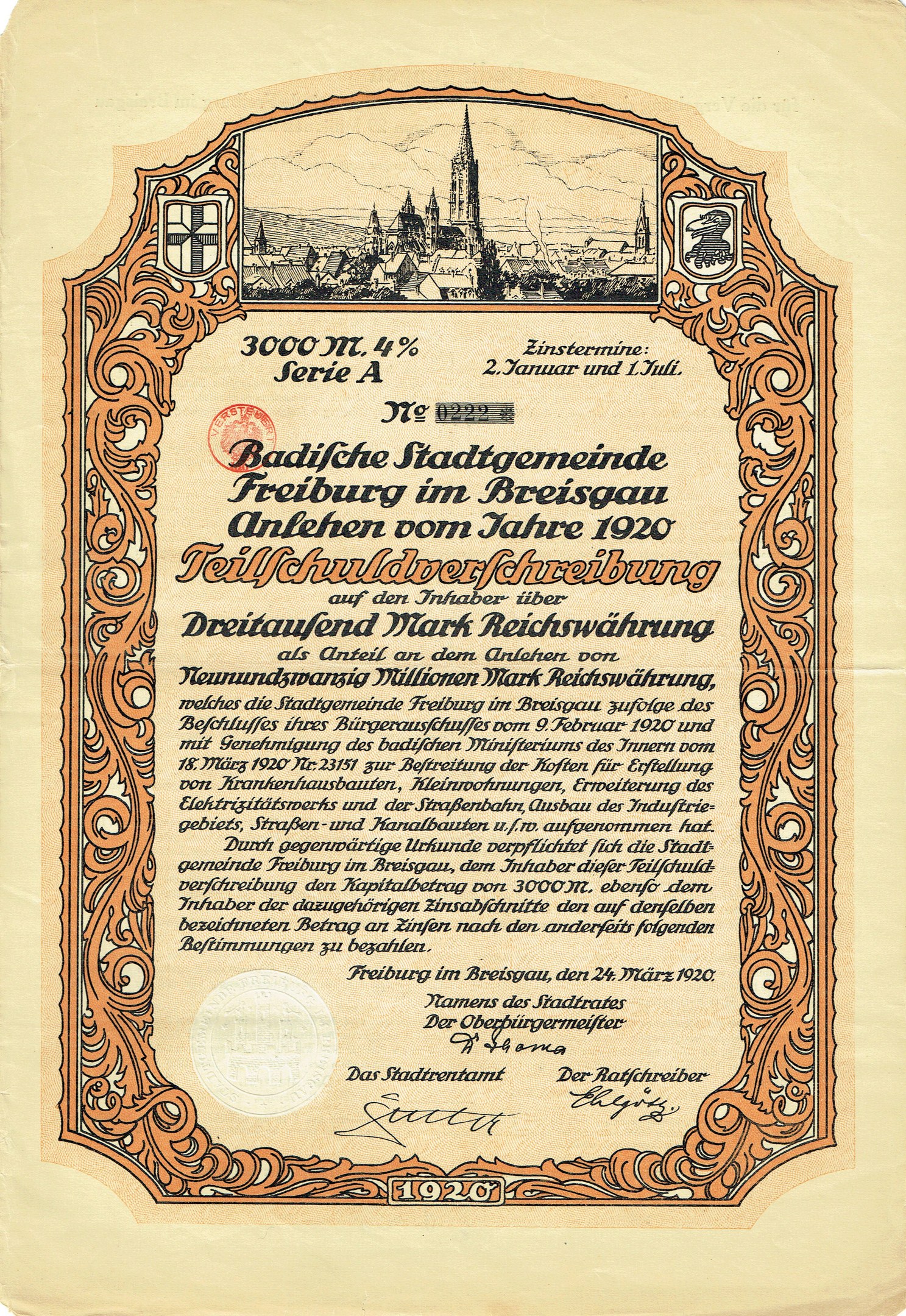 Alter deutscher Aktienchein mit einer Stadtansicht und Textangaben zum Ursprung.