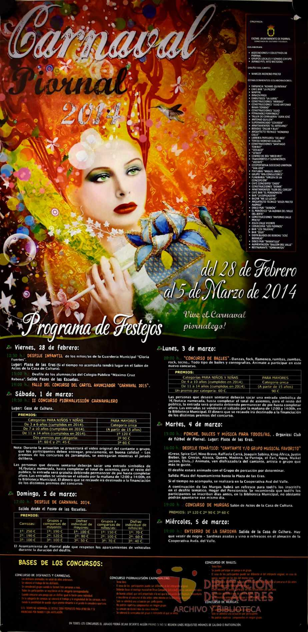 Eine Frau in einem bunten Kleid, die fröhlich in die Mitte eines leuchtend gelben Plakats für das Karnevalsfest 2014 schaut, mit dem Ereignisnamen in fetter schwarzer Schrift.