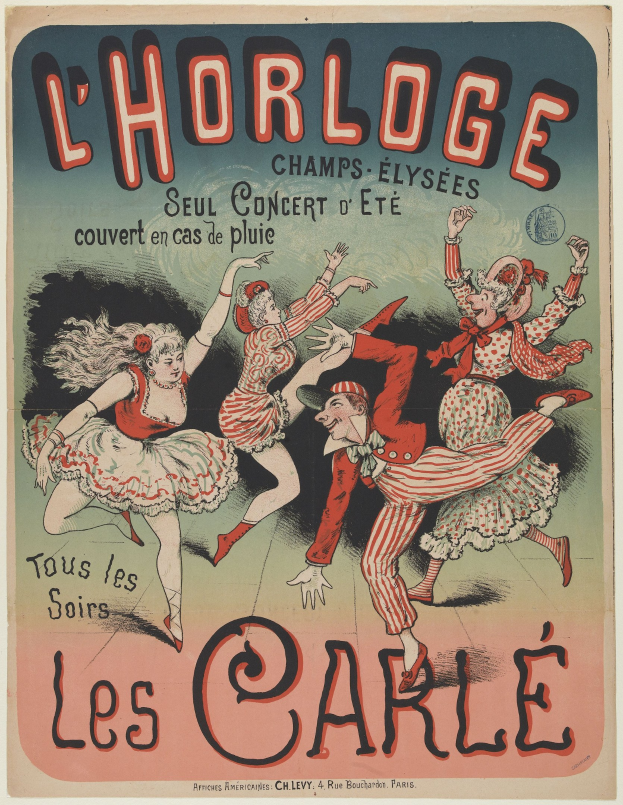 Ein farbenfrohes Konzertplakat für Chorlage in Paris mit einer Gruppe von Menschen in bunten Kostümen, umgeben von fetter Schrift auf einem hellgelben Hintergrund.