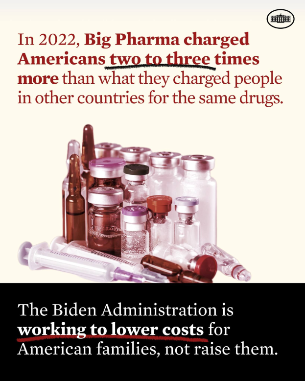 Plakat, das zeigt, dass Big Pharma 2022 Amerikanern zwei bis drei Mal so viel für dieselben Arzneien berechnet hat wie in anderen Ländern, mit Bildern von Medikamentenflaschen und einer Spritze darunter.