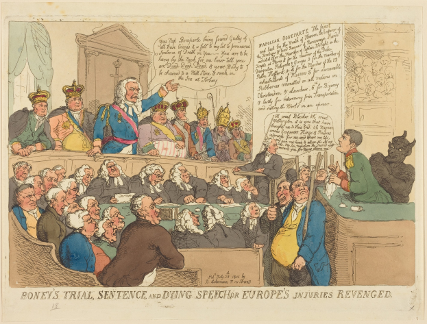 Cartoon-Gerichtsszene mit einem zentralen stehenden Mann, sitzenden Beobachtern, einem Tisch mit Gegenständen rechts und dem Text "Boney's Trial, Sentence and Dying Speech Europe's Injuries Revenged" unten.