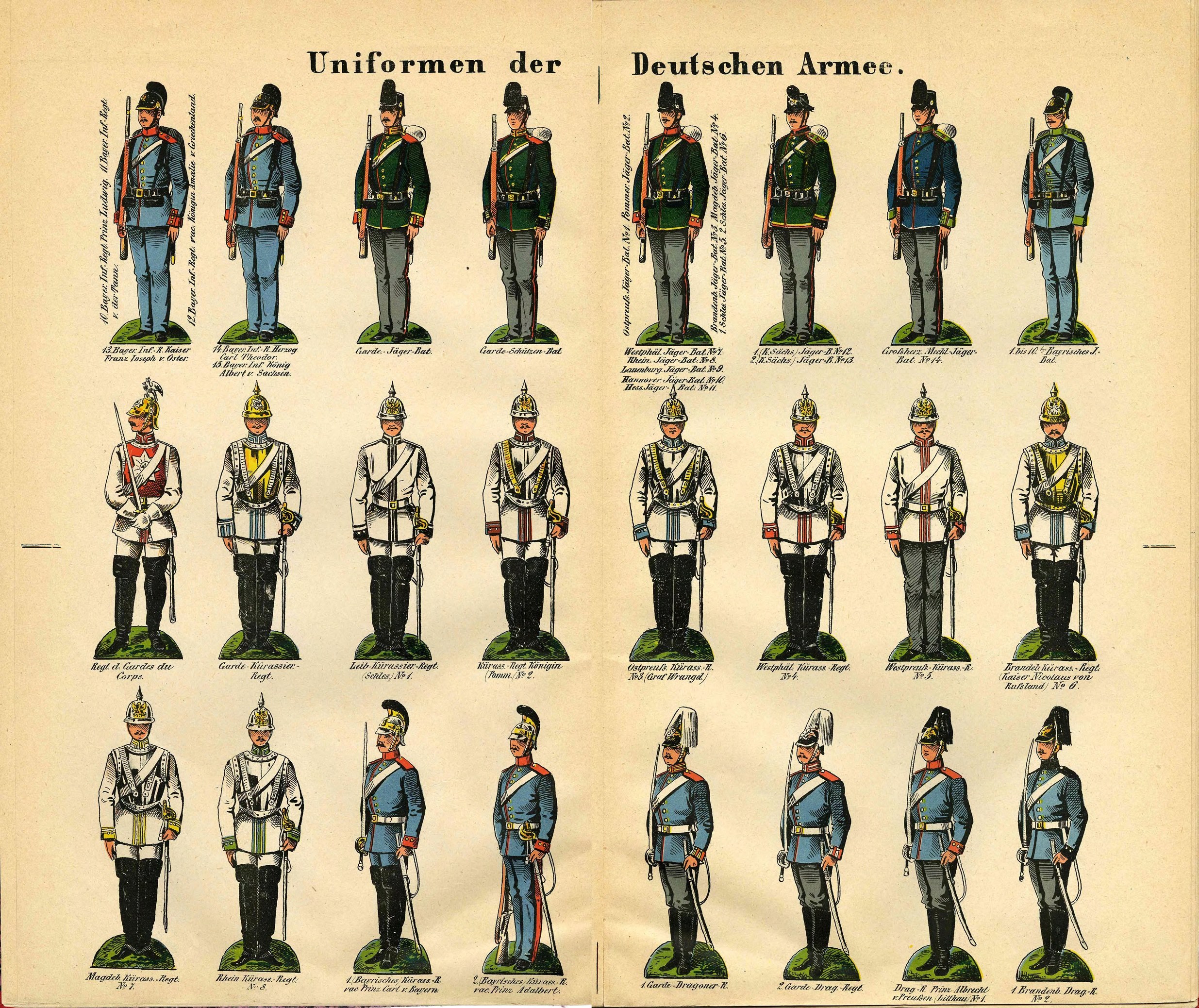 Ein Buch, das bunte Militäruniformen der deutschen Armee mit detaillierten Helmen, Gewehren und anderen Waffen zeigt.