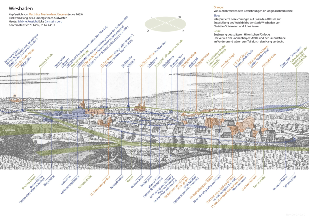 Ein detaillierter Stadtplan von Wiesbaden, Deutschland, mit historischem Text und farbcodierten Bereichen, die umliegende Städte und Gemeinden darstellen.
