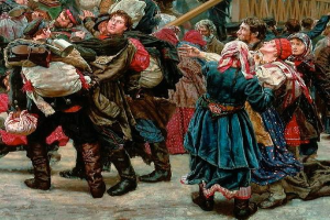Gemälde von Menschen in traditioneller russischer Kleidung, die vor einem Publikum tanzen, einige halten Gegenstände, mit einem hölzernen Haus im Hintergrund, das eine lebhafte Szene aus der russischen Revolution vermittelt.