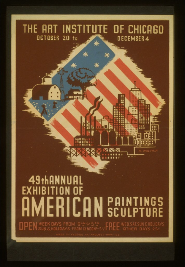 Plakat für die 49. Jahresausstellung des Art Institute of Chicago für amerikanische Malerei und Skulptur mit Texten und Bildern zum Thema.