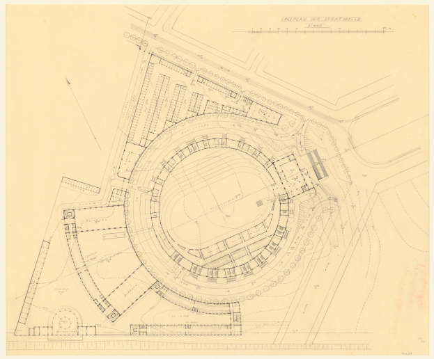 Schwarz-weißer Architekturentwurf eines Stadions mit umliegenden Gebäuden, beschriftet als der vorgeschlagene Standort für die neue Sporthalle in London, mit handschriftlichen Textanmerkungen.
